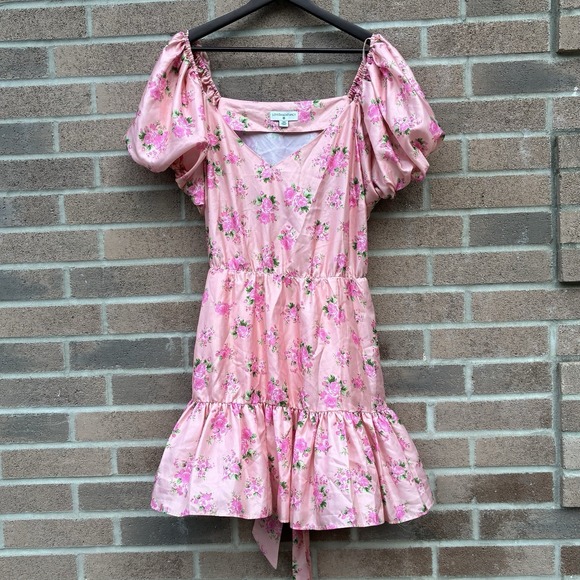 LoveShackFancy Dresses & Skirts - LoveShackFancy x Target Womens 18W Pink Satin Floral Puff Sleeve Mini Dress
